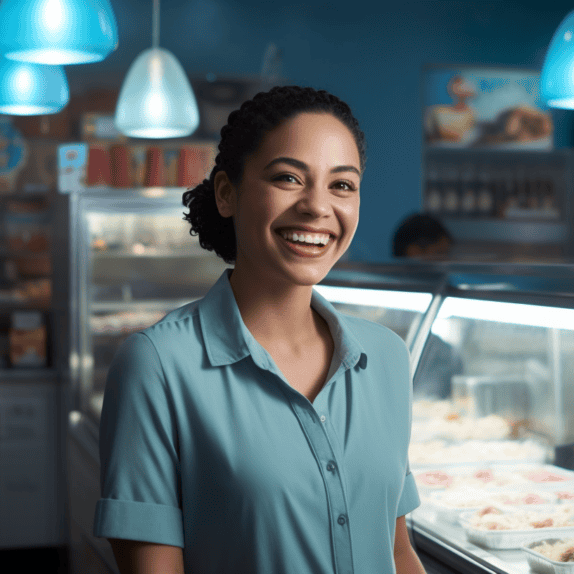 convience store owner next to ice cream freezer